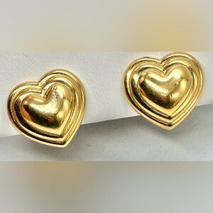 Vintage Gold Tone Puffy Heart Clip Earrings Valentines 80s 90s Chunky